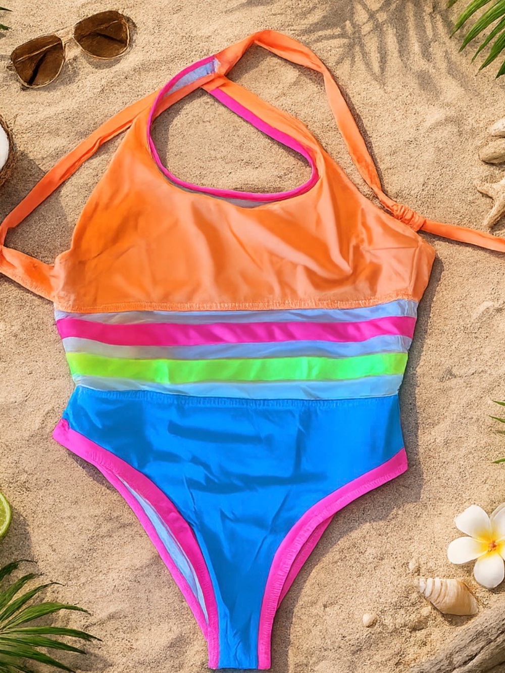 POPVIL Color Block Mesh Back Self Tie One-Piece Swimsuit